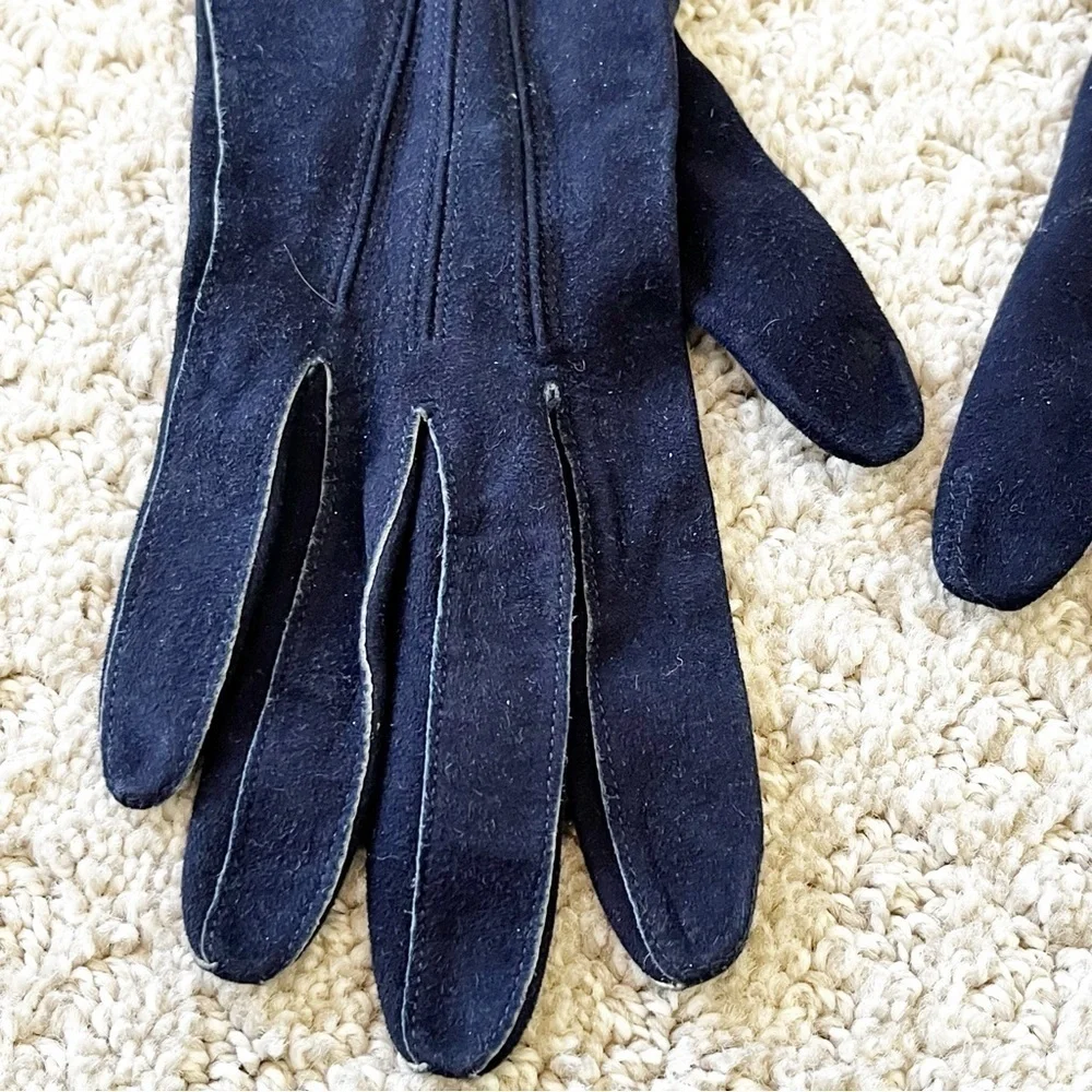 Womens Vintage Blue Suede Leather Gloves Sz 6 Lined Driving Fall Winter Classic